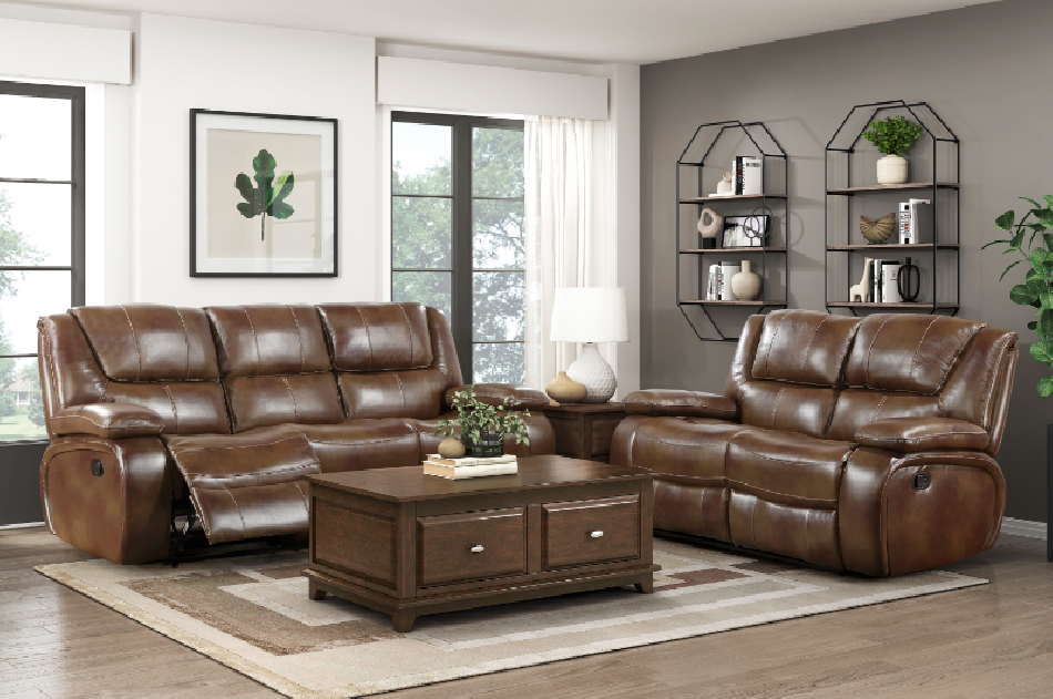 Ellicott Brown Leather Reclining Sofa Set | Homelegance | Phoenix AZ