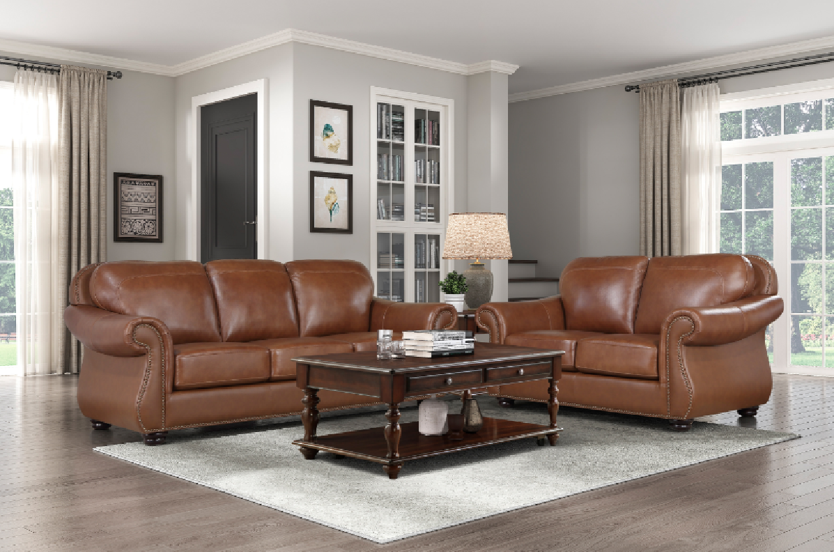 Attleboro Camel Brown Leather Sofa Set | Homelegance | Phoenix AZ