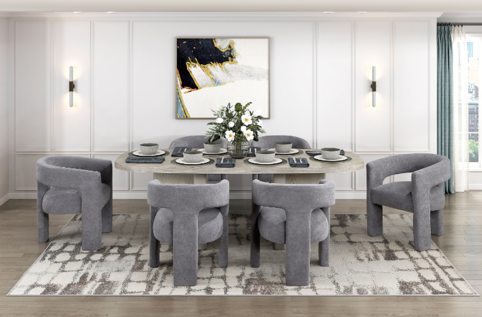 6048NG + 6054 Marais 7-Piece Dining Set – Modern Organic Contemporary Style, Light Gray & Dark Gray Bouclé by Homelegance