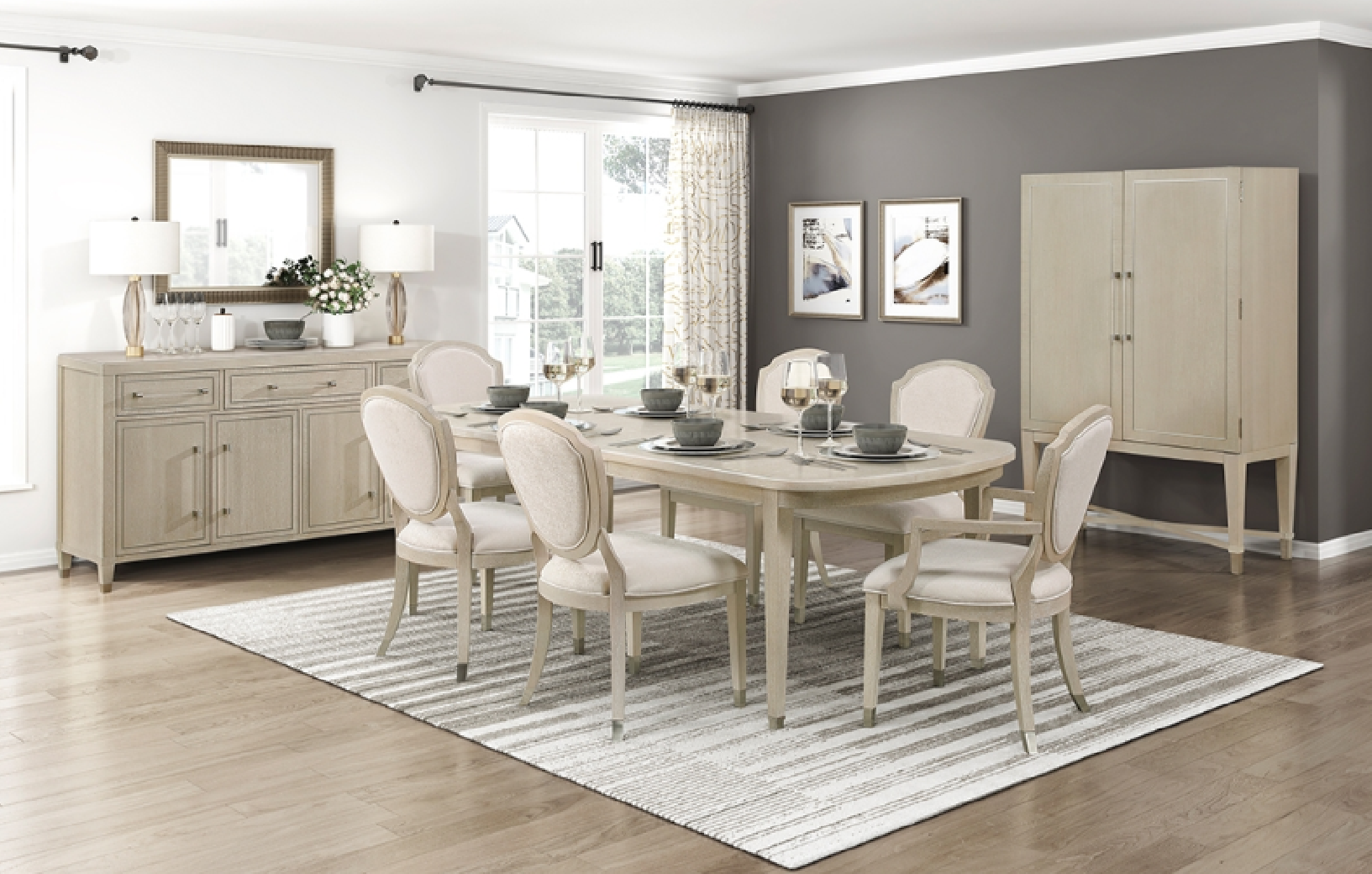 1312 Genoa 7-Piece Extendable Dining Set – Transitional Contemporary Style, Light Oak Finish & Chenille Chairs by Homelegance