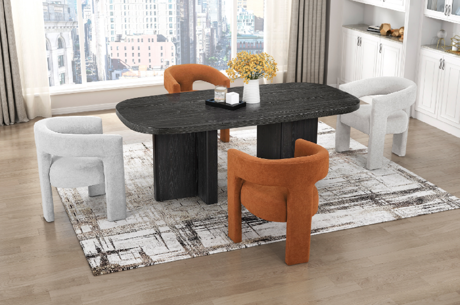 6048-82 Marais 5-Piece Dining  – Modern Mid-Century Style, Light Gray Table ,Orange & white Bouclé by Homelegance