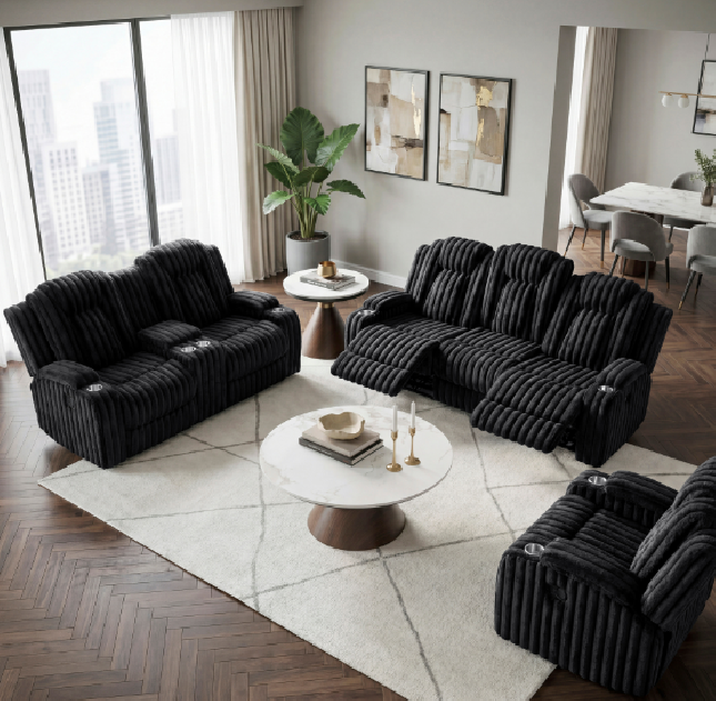 Phyllis Black Corduroy Reclining Sofa Set | Homelegance | Phoenix AZ