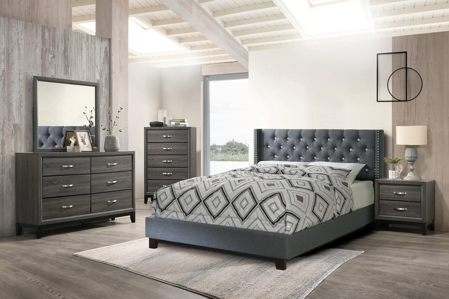 F9371F Full Bed – Blue Gray Polyfiber Upholstered Bed with Nailhead Trim by Poundex