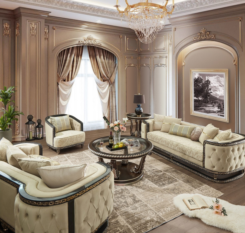HD-9010 Luxury European Traditional Style Sofa & Loveseat Set in Beige, Charcoal & Antique Gold by Homey Design