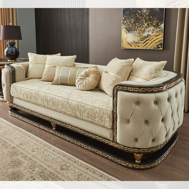 HD-9010 Luxury European Traditional Style Sofa & Loveseat Set in Beige, Charcoal & Antique Gold by Homey Design