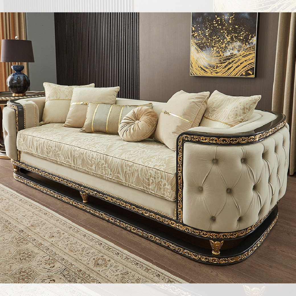 HD-9010 Luxury European Traditional Style Sofa & Loveseat Set in Beige, Charcoal & Antique Gold by Homey Design