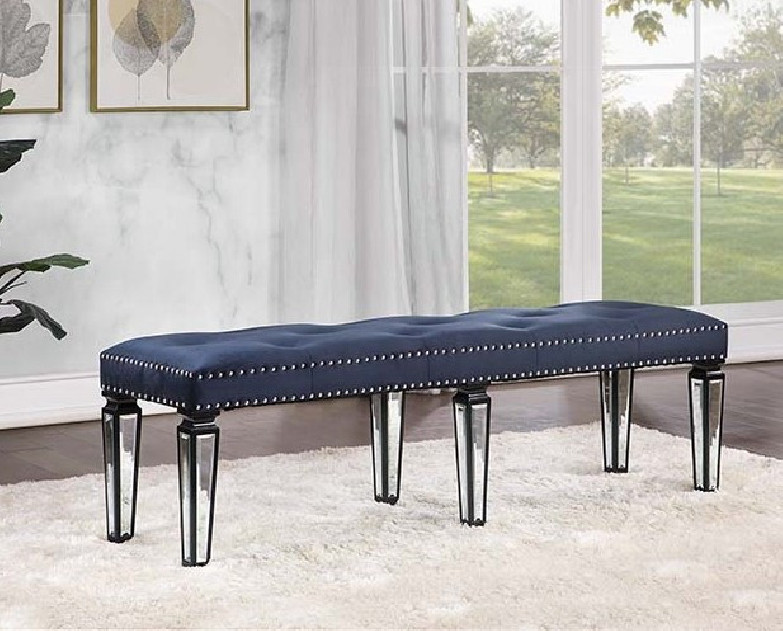BD00589 Varian II Bench Mirrored, Dark Navy Velvet &  & Sliver Finish By Acme Furniture