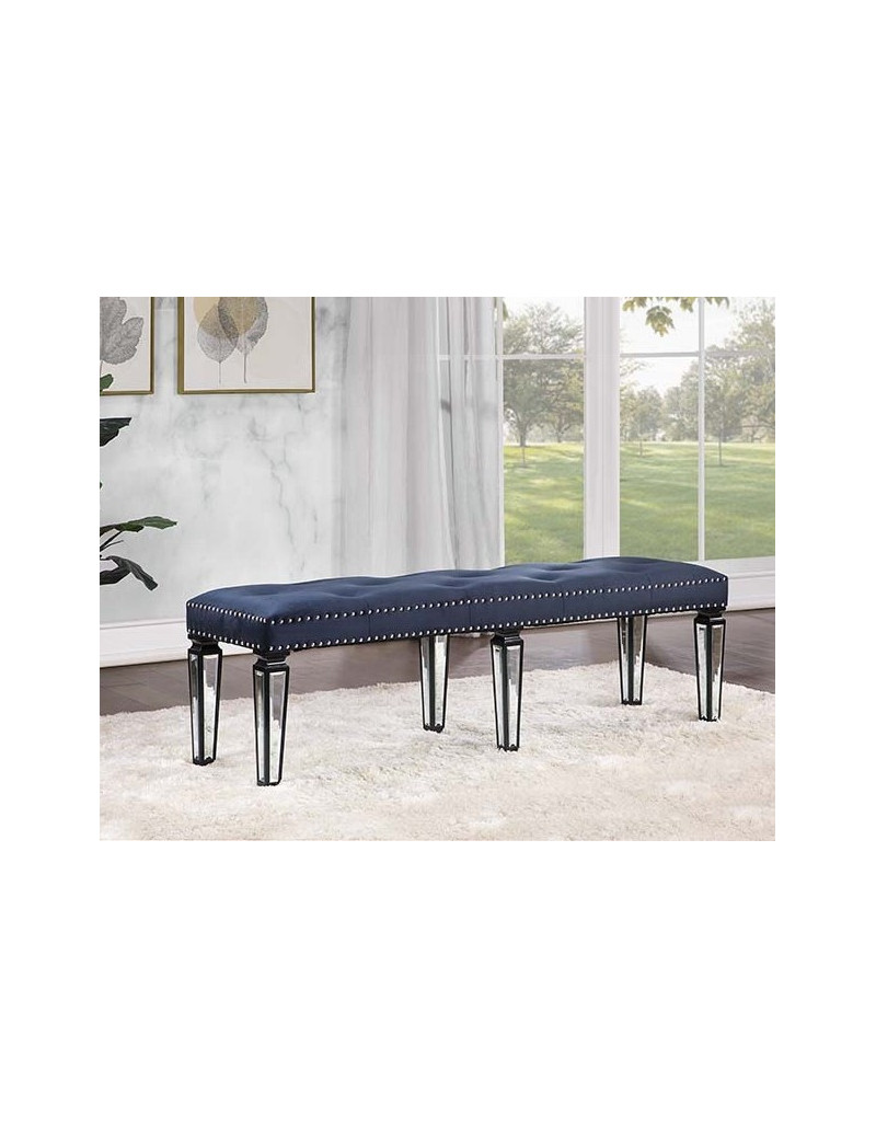 BD00589 Varian II Bench Mirrored, Dark Navy Velvet &  & Sliver Finish By Acme Furniture