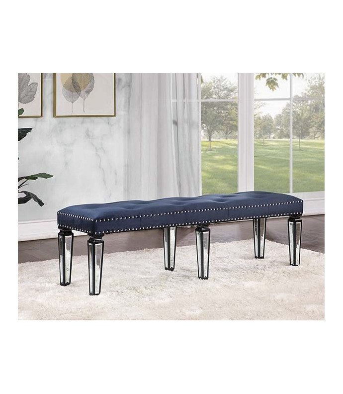 BD00589 Varian II Bench Mirrored, Dark Navy Velvet &  & Sliver Finish By Acme Furniture