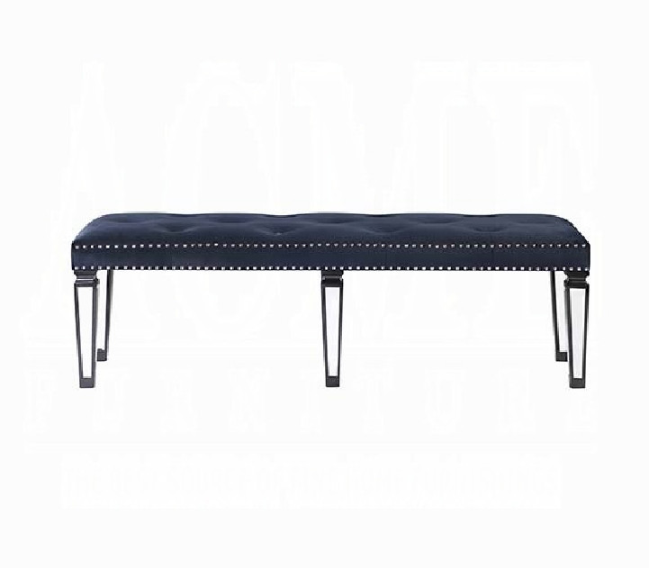 BD00589 Varian II Bench Mirrored, Dark Navy Velvet &  & Sliver Finish By Acme Furniture