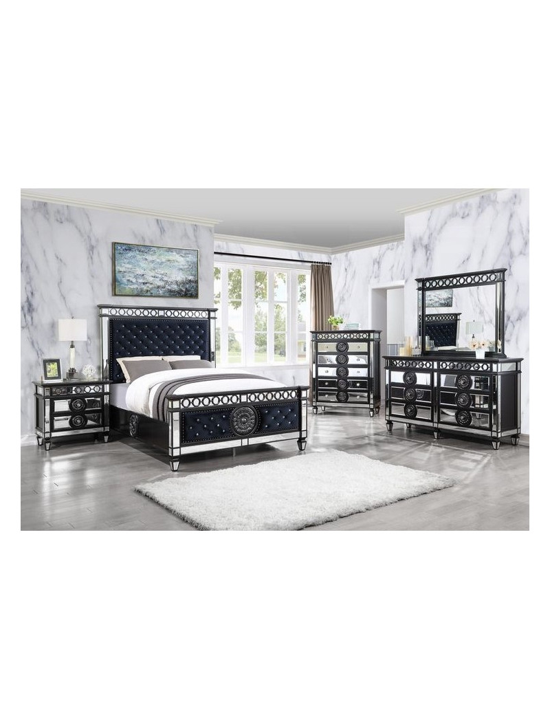 BD00583 EK 5Pc Bedroom Set Varian II  Mirrored, Black Velvet  & Silver Collection By Acme Furniture