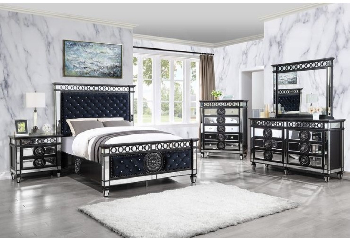 BD00583 EK 5Pc Bedroom Set Varian II  Mirrored, Black Velvet  & Silver Collection By Acme Furniture