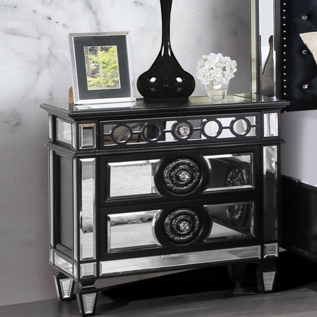 BD00583 EK 5Pc Bedroom Set Varian II  Mirrored, Black Velvet  & Silver Collection By Acme Furniture