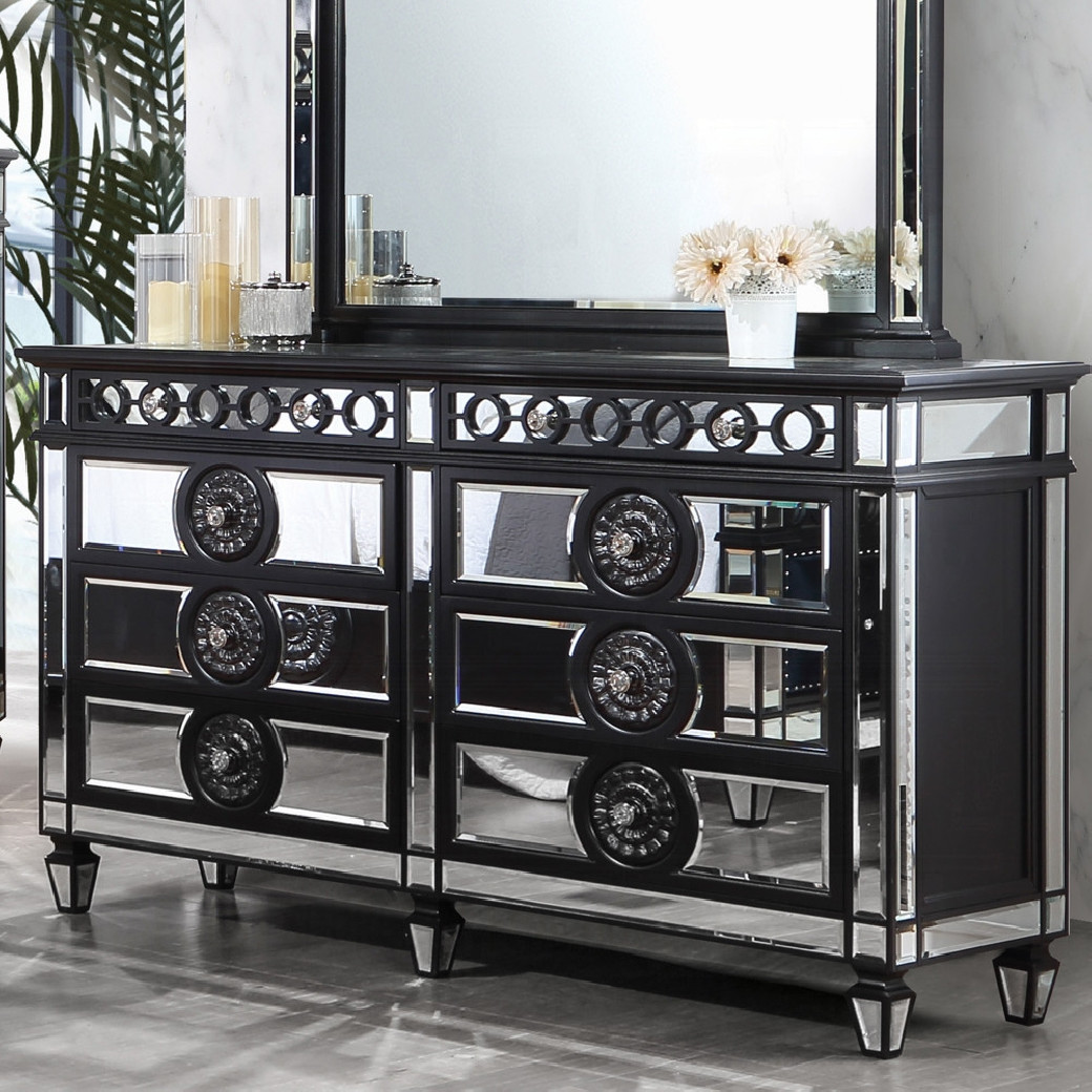 BD00583 EK 5Pc Bedroom Set Varian II  Mirrored, Black Velvet  & Silver Collection By Acme Furniture