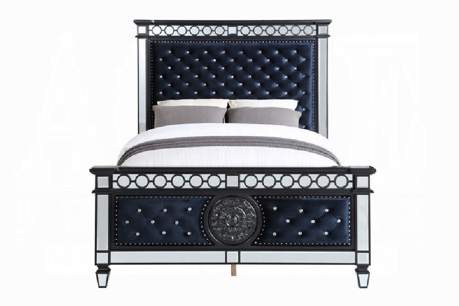 BD00583 EK 5Pc Bedroom Set Varian II  Mirrored, Black Velvet  & Silver Collection By Acme Furniture
