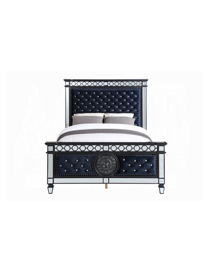 BD00583 EK 5Pc Bedroom Set Varian II  Mirrored, Black Velvet  & Silver Collection By Acme Furniture