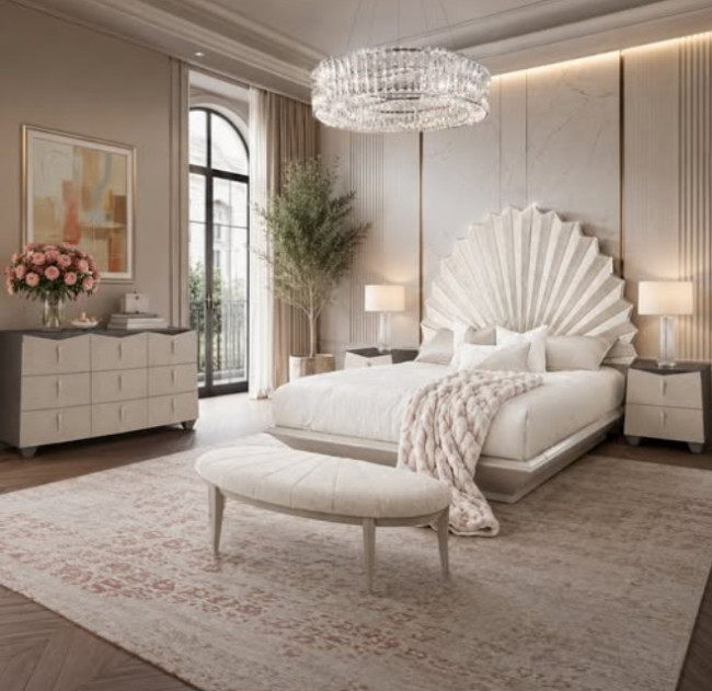 Eastern King Fan Bed Silver Leaf Finish Fantosini Collection By MIchael Amini 9091000EK3-834