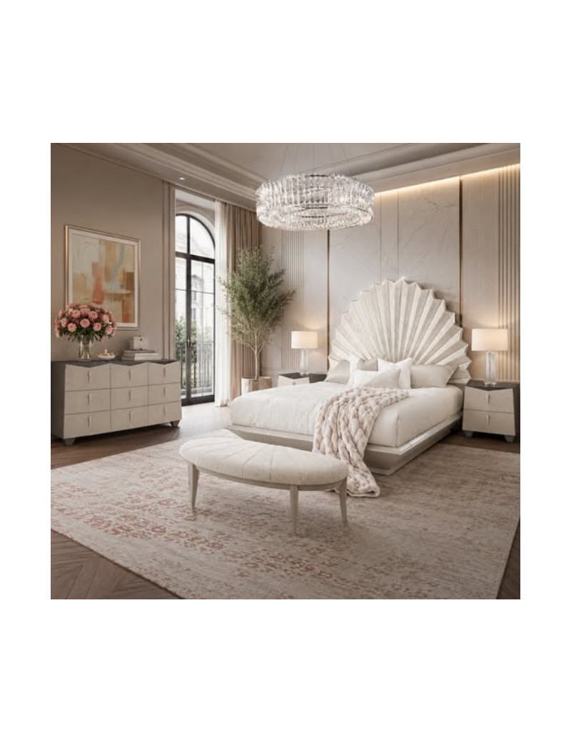 Eastern King Fan Bed Silver Leaf Finish Fantosini Collection By MIchael Amini 9091000EK3-834