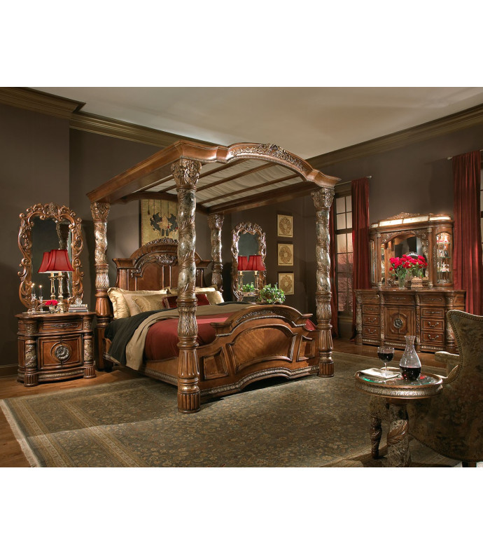 Aico Villa Valencia  Bedroom Collection with Tall Poster Bed Chestnut Finish
